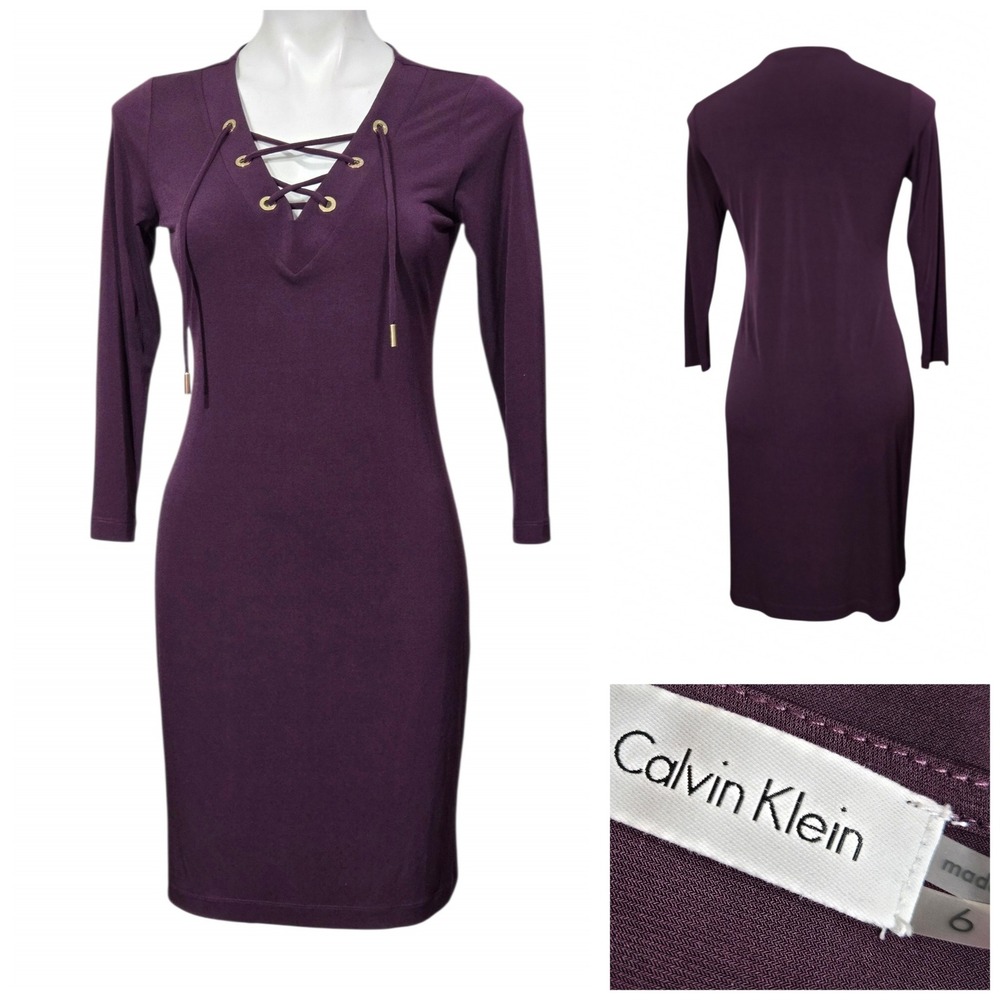Calvin Klein Womens Plum Purple Lace Up V-Neck Sheath Dress Size 6 Long Sleeve